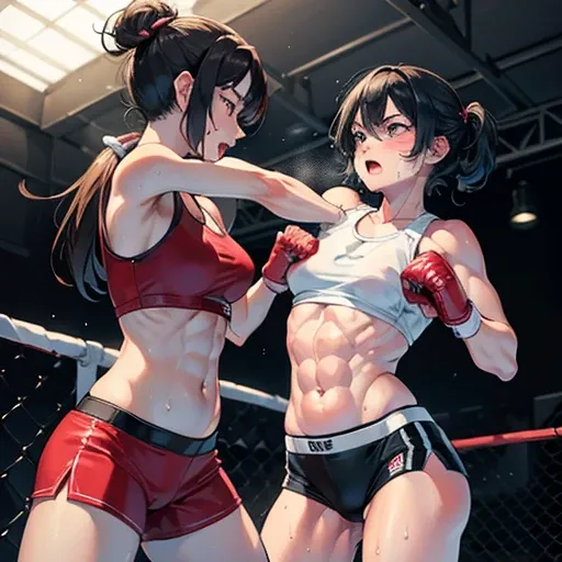 (((two girl fighters))) are fighting, a (bloody) beautiful Japanese high school student girl fighter is fighting in the octagon fighting ring of underground arena with audience. (((She receives her opponents punches by her abs))). her (((((opponents fist i...