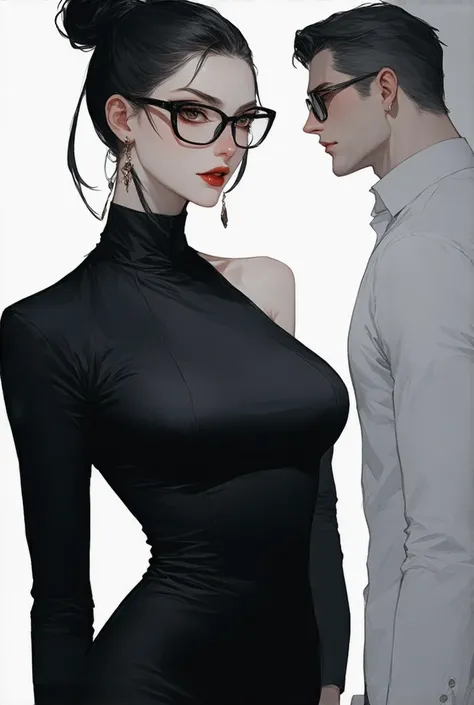  career woman with dark hair bun hair wearing glasses looking down at a man、 beautiful woman with tight glasses with eyes 、Big Breasts、 Wearing a Suit、 sadist、androphobic 、 feminist 、 sexy lips、 lentigo under the lips 、condescending、 Japanese anime