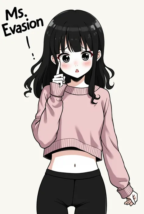 In the style of Junji Ito, Junji ito Manga type image, girl, Long sleeve crop top sweater, black leggings, afraid, medium length hair, long bangs, text in the corner says "Ms. Evasion" in fancy text, playful face, silly expression, 