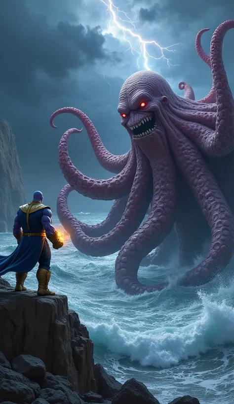 "A dramatic scene featuring Thanos and an enormous octopus locked in a tense standoff. Thanos, with his muscular frame, Infinity Gauntlet glowing with power, and furious expression, faces a colossal, menacing octopus with glowing, angry eyes, its tentacles...