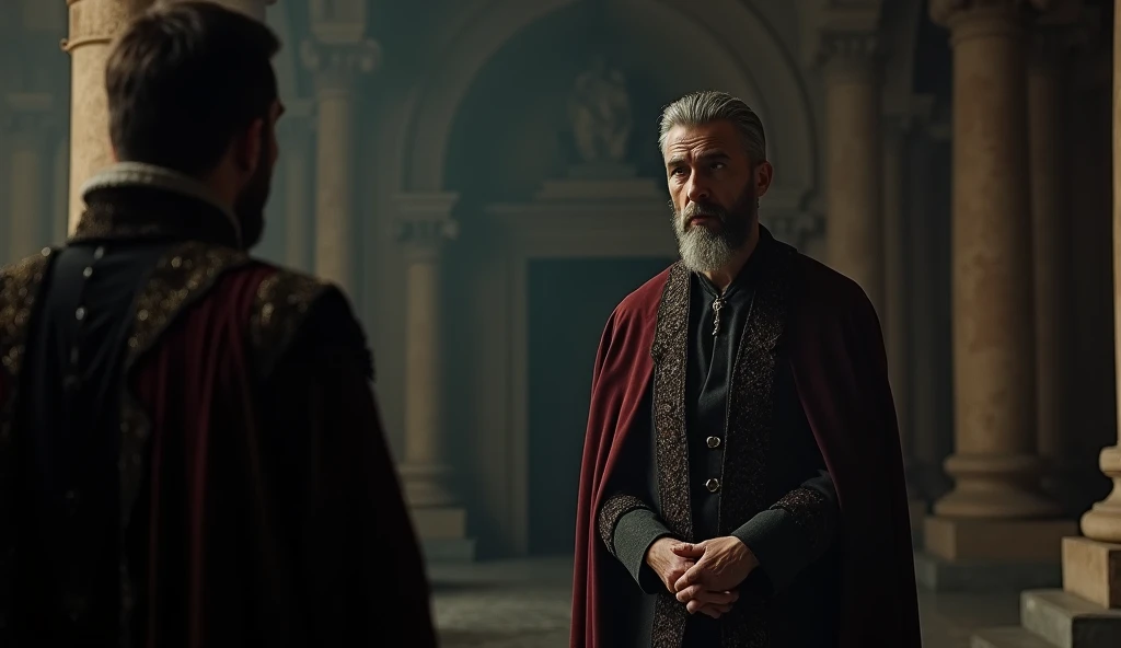 A Very Clear 4K Ultra HD Dynamic Image Of "The minister said, "This is a serious matter, Your Majesty."
Image Prompt: The minister, a scholarly figure with a thin beard and worried eyes, folding his hands as he speaks to the king in the dimly lit royal hal...