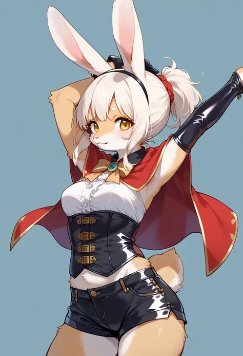 score_9, score_8_up, score_7_up, score_6_up, score_5_up, score_4_up, source_anime, best quality, amazing quality, very aesthetic, absurdres, 1girl, (furry, kemono:1.3), rabbit, rabbit girl, rabbit ears, 1girl, solo, short ponytail, dark hair, gold eyes, ca...