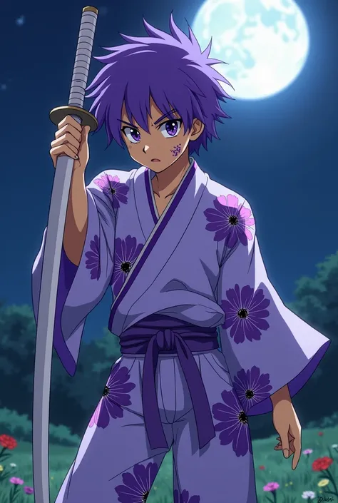 a boy, Young,  but with scars , he is beautiful, Very muscular Atlético, White,  messy purple hair ,  cut half a bowl ,  he wears a very light purple kimono ,  in it there are drawings of strong purple flowers ,  the shirt under the kimono and the pants th...