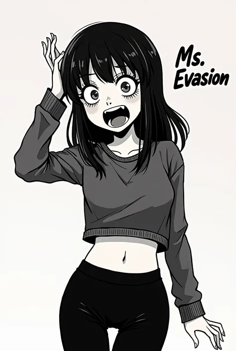 In the style of Junji Ito, Junji ito Manga type image, girl, Long sleeve crop top sweater, black leggings, afraid, medium length hair, long bangs, text in the corner says "Ms. Evasion" in fancy text, crazy eyes, crazed expression, open mouth, smile