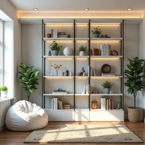  A contemporary and cozy room with a white bookcase with a black industrial shelf with shelves and plants, gamer decorative items .  With wooden floors and a small LED lamp surrounds the ceiling and wall .  in the left corner ,  there is a white bean bag s...