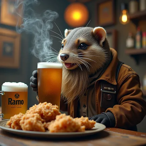  A bearded weasel wearing a riders jacket is smoking　Fried Chicken and Beer 　 RAMO is printed on the beer mug 
