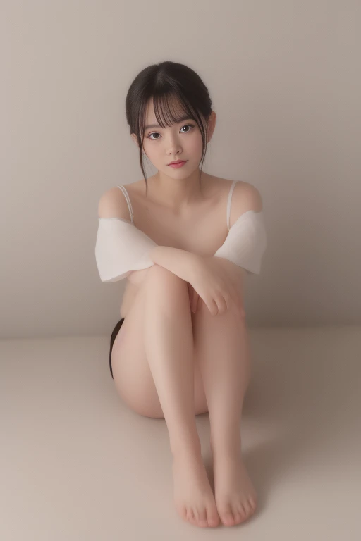  1 girl ,  high definition , masterpiece、 smiles,  Shortcut,  black hair,  turning your gaze , 、 sitting with legs open 、Big eyes and droopy eyes、round face、Full body portrait、Accurate anatomy
