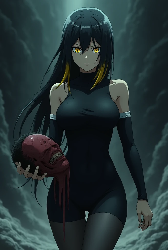 screenshot of the anime My hero academia. a beautiful woman with slightly long jet black hair with fluoro yellow tips. yellow eyes and wearing a tight black dress. She is standing in an infinite darkness similar to hell, in herself she is grabbing a head f...