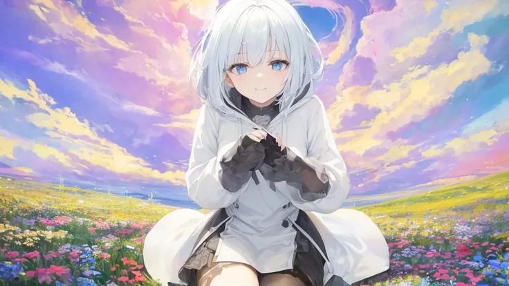  white hoodie 、 black shirt 、Ultra HD, Viewers , and, 20 years old, 非常に shorthair,  long bangs between eyes, Pale blue eyes,  very detailed,(masterpiece、 best quality),Gray Hair、Laughter、 Stunning ,  Silver Hair, iris, Small face、明るいsmile、( detailed face )...