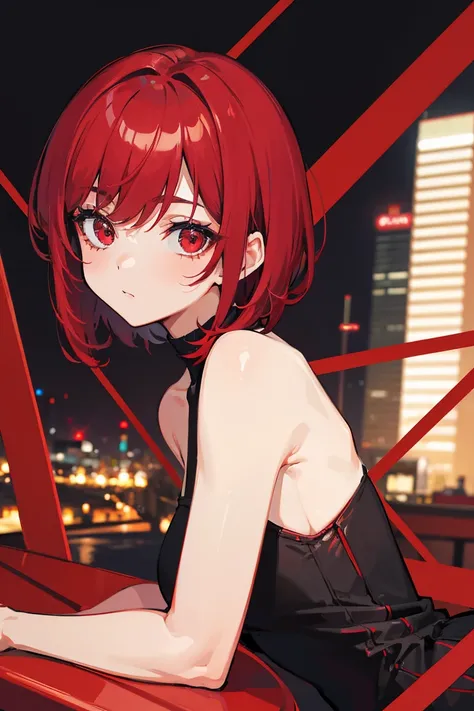 1girl,short maroon hair,red eyes,red aesthetic,city,absurdsres,high res,ultrasharp,8K,masterpiece,looking at viewer