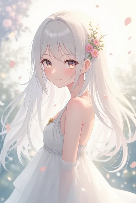 White hair, white dress, smiling shyly anime