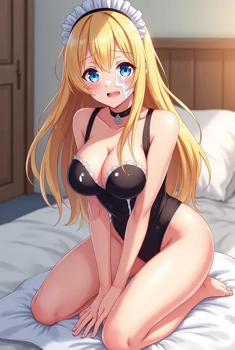  Sticky  on face maid lingerie long blonde hair skinny fitness big breasts blue eyes kneeling on a submissive pillow cheerful humiliated cheerful obedient with lots of white milk on her face ,  hands on knees  ,  knees together  , Embarrassed proud anime 