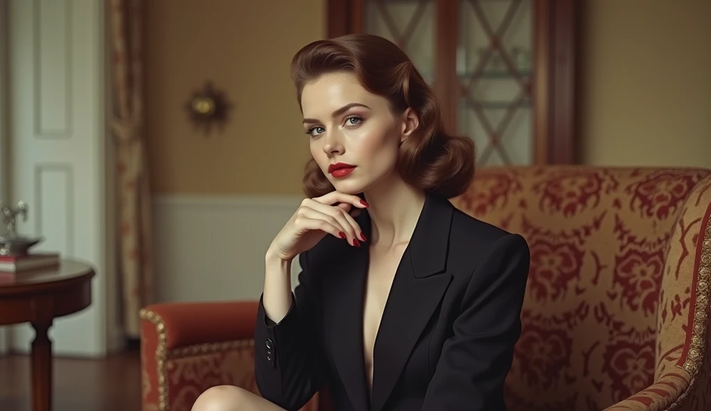 A beautiful and smart woman of 1950s wearing adult suit , figuring in her pussy