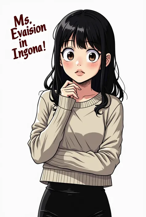 In the style of Junji Ito, Junji ito Manga type image, girl, Long sleeve crop top sweater, black leggings, afraid, medium length hair, long bangs, text in the corner says "Ms. Evasion" in fancy text, playful face, silly expression, 