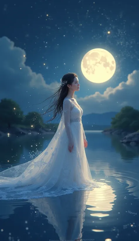 A highly condensed beauty dressed in a painting of stars and moons in the river and sky., conceptual art inspired by Tosa Mitsuoki, pixiv contest winner, The best quality, fantasy art, beautiful anime scenes, a round of bright moon, starry sky environment ...