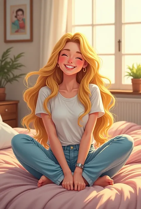 A woman with long blonde hair wearing a jeans sitting on her bed and laughing face,cartoon