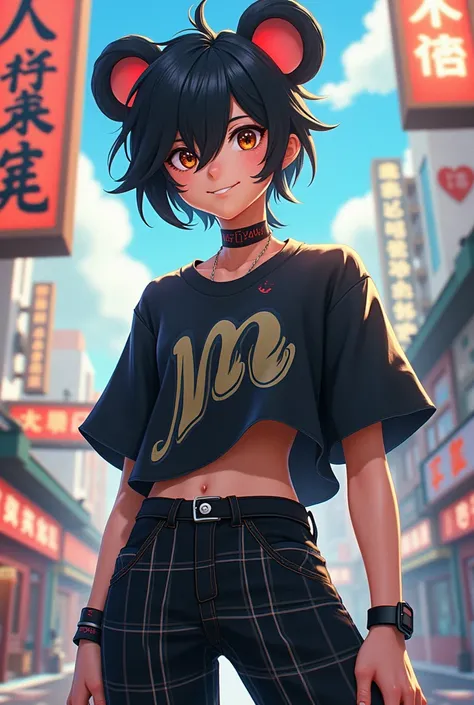 Black hair, mouse-tooth smile, black plaid pants, m-shaped shirt anime