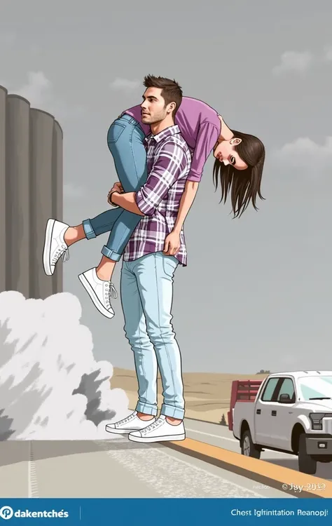 
" A handsome man similar to Quentin Emery , wearing a plaid shirt, jeans and a cap ,  carries a young woman similar to Esra Bilgic with dark hair . She wears a white tank top,  shorts jeans and sneakers . The man lifts her effortlessly over his shoulder T...