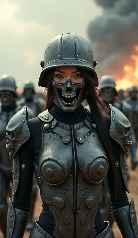 A fierce army, led by a beautiful asian female warrior of Thai-Japanese-Korean descent, wearing high-end cosmetics, wearing a skull mask, her face partially obscured by a military helmet. Her eyes were full of power and desire. They wore mechanized robot a...