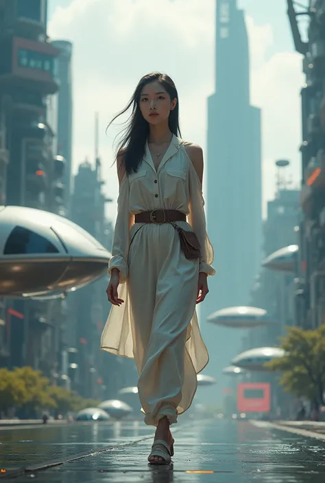 Create a ultra-realustic image of a Wonder beautiful Asian women exploring a futuristic cityscape, with sleek architecture and flying vehicles, embodying strength and adventure, 32K, realistic, good quality image, high details.