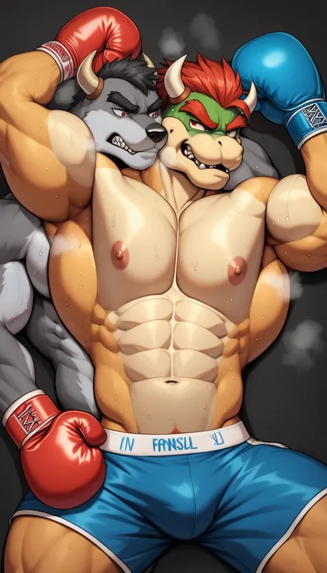 Duo anthro male(anthro Gray Wolf vs anthro Bowser), handsomes(handsome hairstyles, Thick eyebrows, detailed face), gay(Both are Lying down, above his muscle legs, cuddling neck from behind, strugling to escape, side perspective, black background), hot(Shir...