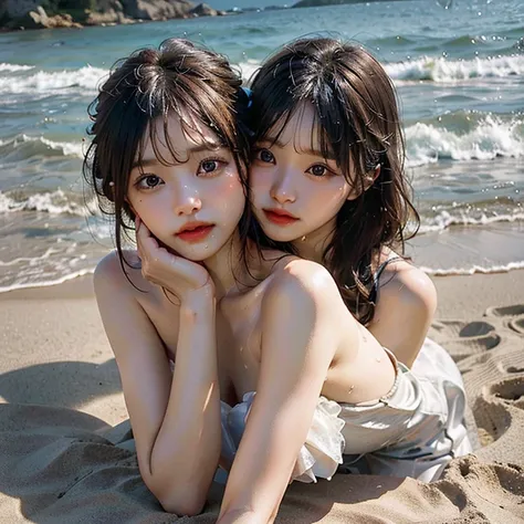 Two wet naked Japanese women entangling each other on a sandy beach at dusk, wet skin ,Wet big breasts, Wet Big Butts ,(8k,born, best quality, Masterpiece:1.2),( realistic , realistic :1.37), super high resolution,Droopy eyes,Big Breasts,Beautiful breasts,...