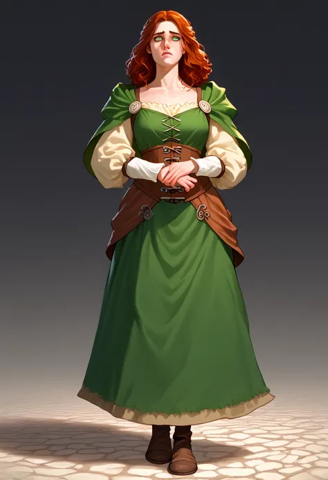 A young man who was magically transformed into a woman in a medieval fantasy world, now struggling to adapt to her new life. She has long, wavy auburn hair and soft, green eyes that convey a deep sense of confusion and frustration. Her attire consists of a...