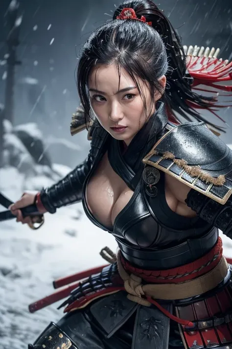 ((Muscular Japanese Samurai))、Big cleavage、(Samurai Armor)、( Japanese Knife )、Black Ponytail、Medieval Japan、heavy rain、 face is wet、whole body、 action pose、(( sword in the background)),Karakasa