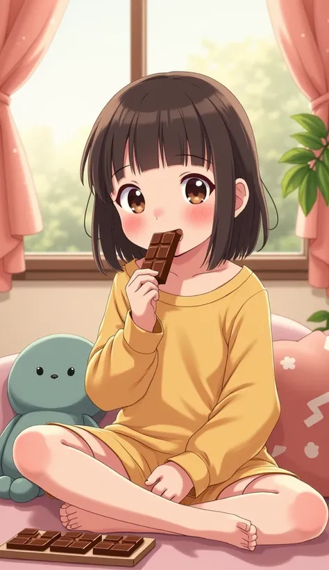 A cute cartoon girl eating chocolate in a room,Japanese Illustration Style, 