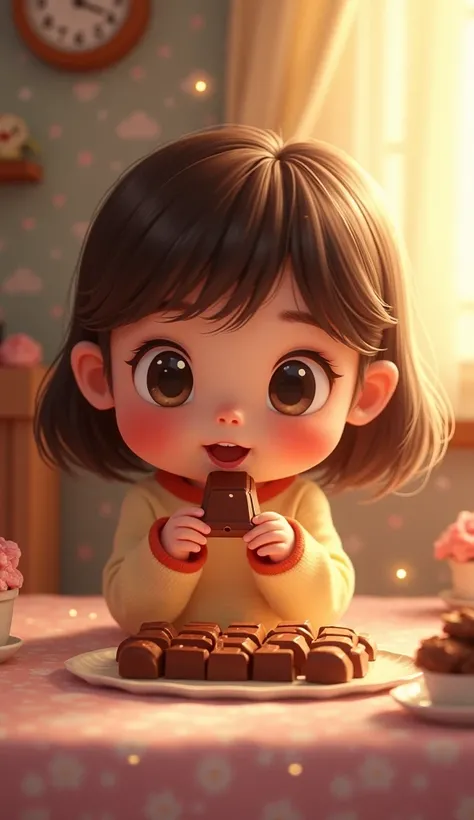 A cute cartoon girl eating chocolate in a room,, Luminism, 