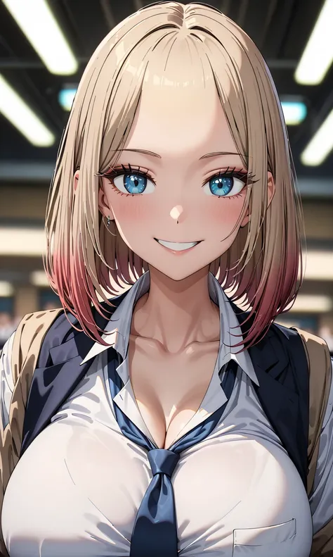 masterpiece, best quality, high quality, detailed, ultra detailed, hyper detailed, exquisite, insanely detailed, beautiful, FHD, Full-HD, 4K, 8k, 16k, highres, absurdres, ((1 woman:1.4, female)), ((big breast)), (thin khaki hair:1.4), (pastel hair), red ha...