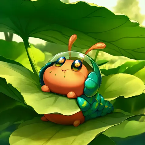 A cute caterpillar ( cute woman, bug bikini, age 20, bug eye helmet, has a mouth full of leaf and is adorably looking to the sky in panic, she is in a bird silhouette on a leaf she is eating, sunny day
