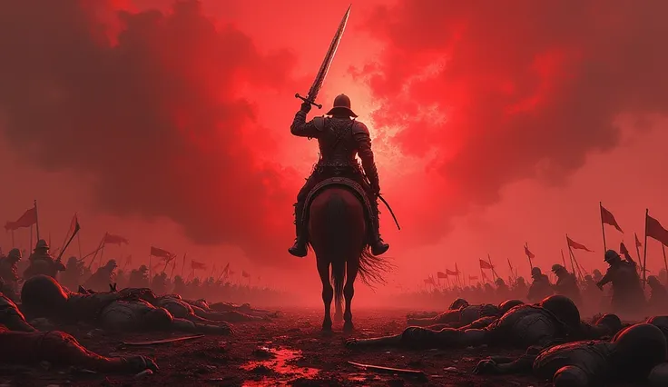 A landscape full of battles, soldiers fighting and a sky dyed red. In the center, an imposing horseman raising a bloody sword. very realistic