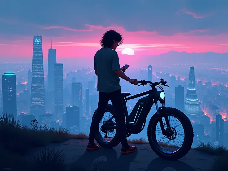 
"A tall, handsome boy with long, thick hair and sleek, dark glasses stands at the top of a hill. He has just parked his futuristic bike, which has glowing neon details. The boy is stepping off the bike, one foot on the ground, while holding a mobile phone...