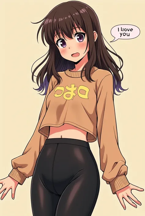 In the style of Junji Ito, Junji ito Manga type image, girl, Long sleeve crop top sweater, black leggings, afraid, medium length hair, brown hair, long bangs, text in the corner says "I love you, Olipop <3" sweet smile, pretty smile, winking, 