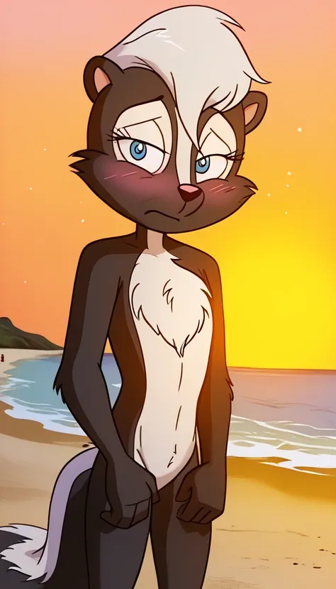 masterpiece, best quality, nervous expression, male, anthro, furry, black fur, fluffy fur, French skunk boy, furry, skunk ears, animal nose, cute eyes, blue eyes, skunk tail, white hair, long stable hair, (white hair), solo, (beach), sunset, detailed, buff...