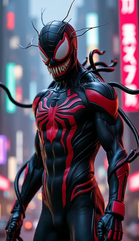 Fusion of Spider-Man and Venom, 8k, HDR, highly detailed, cyberpunk, neon lights.