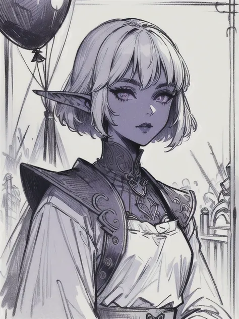 (  Masterpiece ,  best quality,  very detailed: 1.5), ( portrait, On),  Black and white , ((sepia)), ((Pencil drawing)), fantasy, ( super detailed face,  ,  gothic fantasy illustration , Ukiyo-e, Comic art), break ( Dark Elves:  This young dark elf woman h...