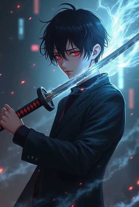 Create a male character,with slightly long hair, ray powers with a scar on her eye , However, that eye is still open and with a katana in his hand and this character has to look like a 19-year-old