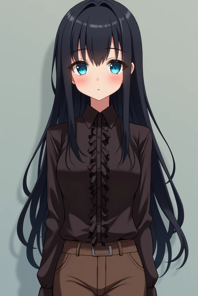 A tall girl with long dark black hair and bright Azure (web color) eyes. She wears a dark fully closed brown shirt with some black ruffles on it , brown pants and a low black heel. Anime style