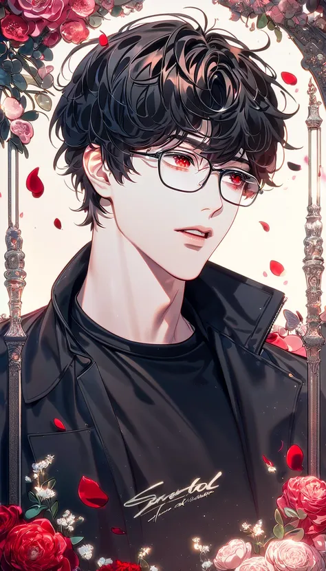 (absurdres, highres, ultra detailed, HDR) master piece, best quality, perfect face, delicated features, Han Yoohyun, black messy hair, short hair, expressive red eyes, The S Classes That I Raised, solo, sexy man, handsome, toned chest, black coat, black ti...