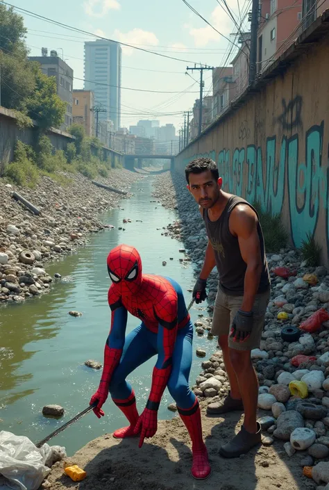 Spider-Man and Cachaceiro cleaning the Tiete River