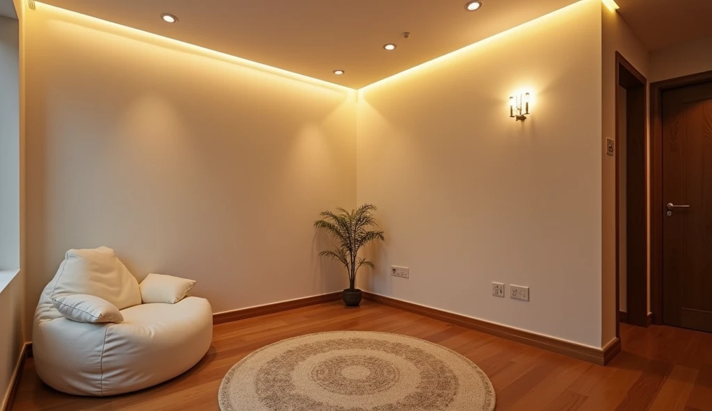 A contemporary and cozy room.  With wooden floors and a small LED lamp surrounds the ceiling and wall .  in the left corner ,  there is a white bean bag style puff , and the floor ,  a beige decorative carpet with patterns .  General lighting creates a rel...