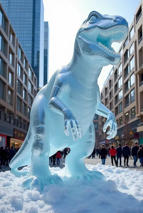  shopping mall square々に溶けていく、 A huge dinosaur statue made of ice melts into 、