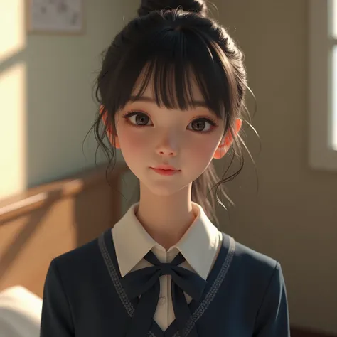  one girl ，(とてもcute女子高生:1.3)，masterpiece， best quality， high definition ，((( Photorealistic :1.4)))， RAW photos ， ray tracing ， Physically Based Rendering， pretty girl，(Age 15:1.4)，cute，A faint smile，(detailed pupils:1.2)，(The face is facing straight ahead...