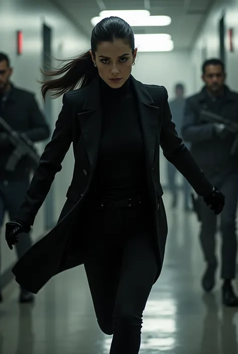 secret woman agent wearing all black and ponytail running away from the building. At her back is a group of bad guys trying to stop her from running. The bad guys are shooting gun at her but she is dodging the bullet and the secret woman agent is almost at...