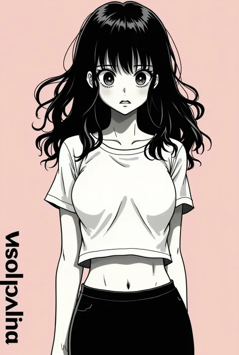 In the style of Junji Ito, Junji ito Manga type image, girl, tight white crop top, black leggings, afraid, medium length hair, long bangs, text in the corner says "Ms. Evasion" in fancy text 