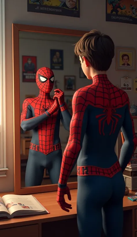 Peter Parker, at age 13, stands in front of his bedroom mirror, wearing his first homemade Spider-Man suit. The mask is off, revealing his youthful, nervous face as he adjusts the gloves and inspects the uneven stitching. Around him, posters of science her...