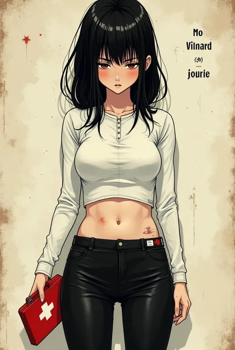 In the style of Junji Ito, Junji ito Manga type image, girl, tight white crop top, black leggings, afraid, medium length hair, long bangs, carrying a medkit on her right hand, red medkit with white plus on it, slightly dirty, slightly injured, clothes slig...