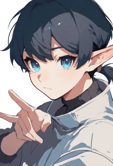 male, femboy, sidelocks, pixie cut, short low ponytail, black hair, blue eyes, pale skin, elf ears, cute pose, simple background, sketch